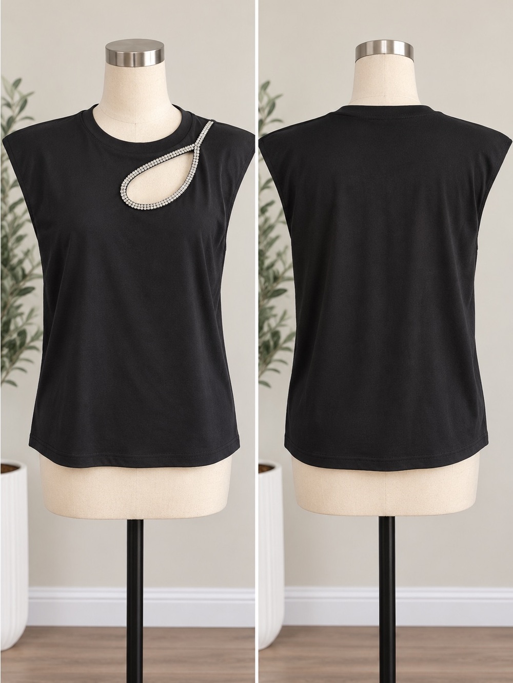 SHEIN Black Rhinestone Teardrop Cutout Tank Top